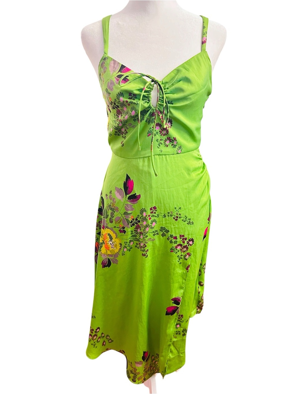 Urban Outfitters Lime Green Floral Satin Midi Dress Lace-Up Slip Dress